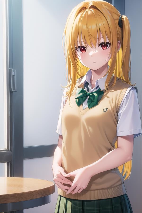 toloveruyami, <lora:toloveruyami-lora-nochekaiser:1>, yami, (yellow hair:1.5), long hair, (red eyes:1.5), hair ornament, (black hair ornament:1.2), two side up, (small chest:1.2), BREAK school uniform, shirt, white shirt, bow, (green bow:1.5), skirt, (green skirt:1.2), pleated skirt, short skirt, sweater, (light brown sweater vest:1.5), short sleeves,BREAK indoors, classroom,BREAK looking at viewer, (cowboy shot:1.5),BREAK <lyco:GoodHands-beta2:1>, (masterpiece:1.2), best quality, high resolution, unity 8k wallpaper, (illustration:0.8), (beautiful detailed eyes:1.6), extremely detailed face, perfect lighting, extremely detailed CG, (perfect hands, perfect anatomy),