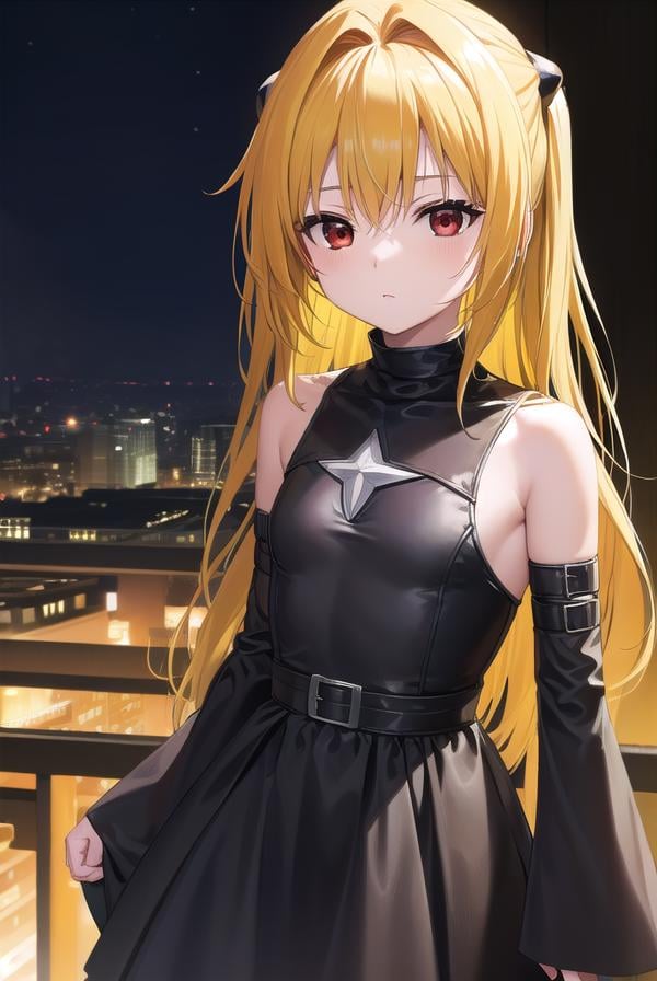 toloveruyami, <lora:toloveruyami-lora-nochekaiser:1>, yami, (yellow hair:1.5), long hair, (red eyes:1.5), (hair ornament:1.2), two side up, (small chest:1.2), BREAK sleeveless, detached sleeves, dress, black dress, black skirt, clothing cutout, cleavage cutout,BREAK outdoors, city, night, sky,BREAK looking at viewer, (cowboy shot:1.5),BREAK <lyco:GoodHands-beta2:1>, (masterpiece:1.2), best quality, high resolution, unity 8k wallpaper, (illustration:0.8), (beautiful detailed eyes:1.6), extremely detailed face, perfect lighting, extremely detailed CG, (perfect hands, perfect anatomy),