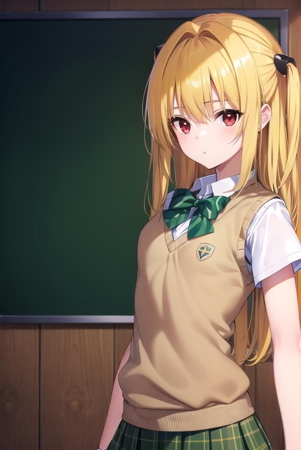 toloveruyami, <lora:toloveruyami-lora-nochekaiser:1>, yami, (yellow hair:1.5), long hair, (red eyes:1.5), hair ornament, (black hair ornament:1.2), two side up, (small chest:1.2), BREAK school uniform, shirt, white shirt, bow, (green bow:1.5), skirt, (green skirt:1.2), pleated skirt, short skirt, sweater, (light brown sweater vest:1.5), short sleeves,BREAK indoors, classroom,BREAK looking at viewer, (cowboy shot:1.5),BREAK <lyco:GoodHands-beta2:1>, (masterpiece:1.2), best quality, high resolution, unity 8k wallpaper, (illustration:0.8), (beautiful detailed eyes:1.6), extremely detailed face, perfect lighting, extremely detailed CG, (perfect hands, perfect anatomy),