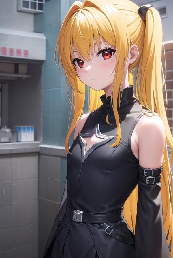 toloveruyami, <lora:toloveruyami-lora-nochekaiser:1>, yami, (yellow hair:1.5), long hair, (red eyes:1.5), hair ornament, (small chest:1.2), BREAK sleeveless, detached sleeves, dress, black dress, black skirt, clothing cutout, cleavage cutout,BREAK outdoors, city,BREAK looking at viewer, (cowboy shot:1.5),BREAK <lyco:GoodHands-beta2:1>, (masterpiece:1.2), best quality, high resolution, unity 8k wallpaper, (illustration:0.8), (beautiful detailed eyes:1.6), extremely detailed face, perfect lighting, extremely detailed CG, (perfect hands, perfect anatomy),