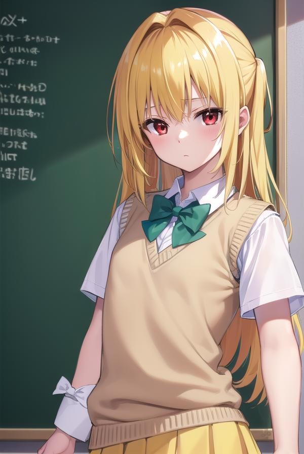 toloveruyami, <lora:toloveruyami-lora-nochekaiser:1>, yami, (yellow hair:1.5), long hair, (red eyes:1.5), (hair ornament:1.2), two side up, (small chest:1.2), BREAK school uniform, shirt, white shirt, bow, (green bow:1.5), skirt, (green skirt:1.2), pleated skirt, short skirt, sweater, (light brown sweater vest:1.5), short sleeves,BREAK indoors, classroom,BREAK looking at viewer, (cowboy shot:1.5),BREAK <lyco:GoodHands-beta2:1>, (masterpiece:1.2), best quality, high resolution, unity 8k wallpaper, (illustration:0.8), (beautiful detailed eyes:1.6), extremely detailed face, perfect lighting, extremely detailed CG, (perfect hands, perfect anatomy),