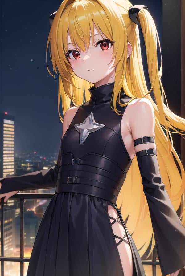 toloveruyami, <lora:toloveruyami-lora-nochekaiser:1>, yami, (yellow hair:1.5), long hair, (red eyes:1.5), (hair ornament:1.2), two side up, (small chest:1.2), BREAK sleeveless, detached sleeves, dress, black dress, black skirt, clothing cutout, cleavage cutout,BREAK outdoors, city, night, sky,BREAK looking at viewer, (cowboy shot:1.5),BREAK <lyco:GoodHands-beta2:1>, (masterpiece:1.2), best quality, high resolution, unity 8k wallpaper, (illustration:0.8), (beautiful detailed eyes:1.6), extremely detailed face, perfect lighting, extremely detailed CG, (perfect hands, perfect anatomy),