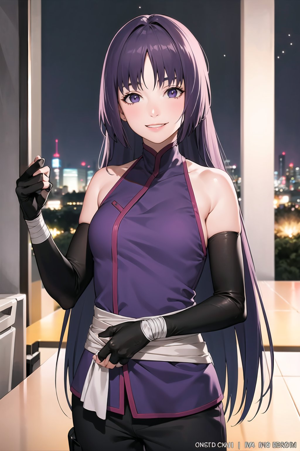 (best quality), (highly detailed), masterpiece, (official art),sumire kakei, smile, long hair, ninja, elbow gloves, bandages, black pants, upper body, looking at viewer, city, night, sky, (intricately detailed, hyperdetailed), blurry background,depth of field, best quality, masterpiece, intricate details, tonemapping, sharp focus, hyper detailed, trending on Artstation,1 girl, high res, official art