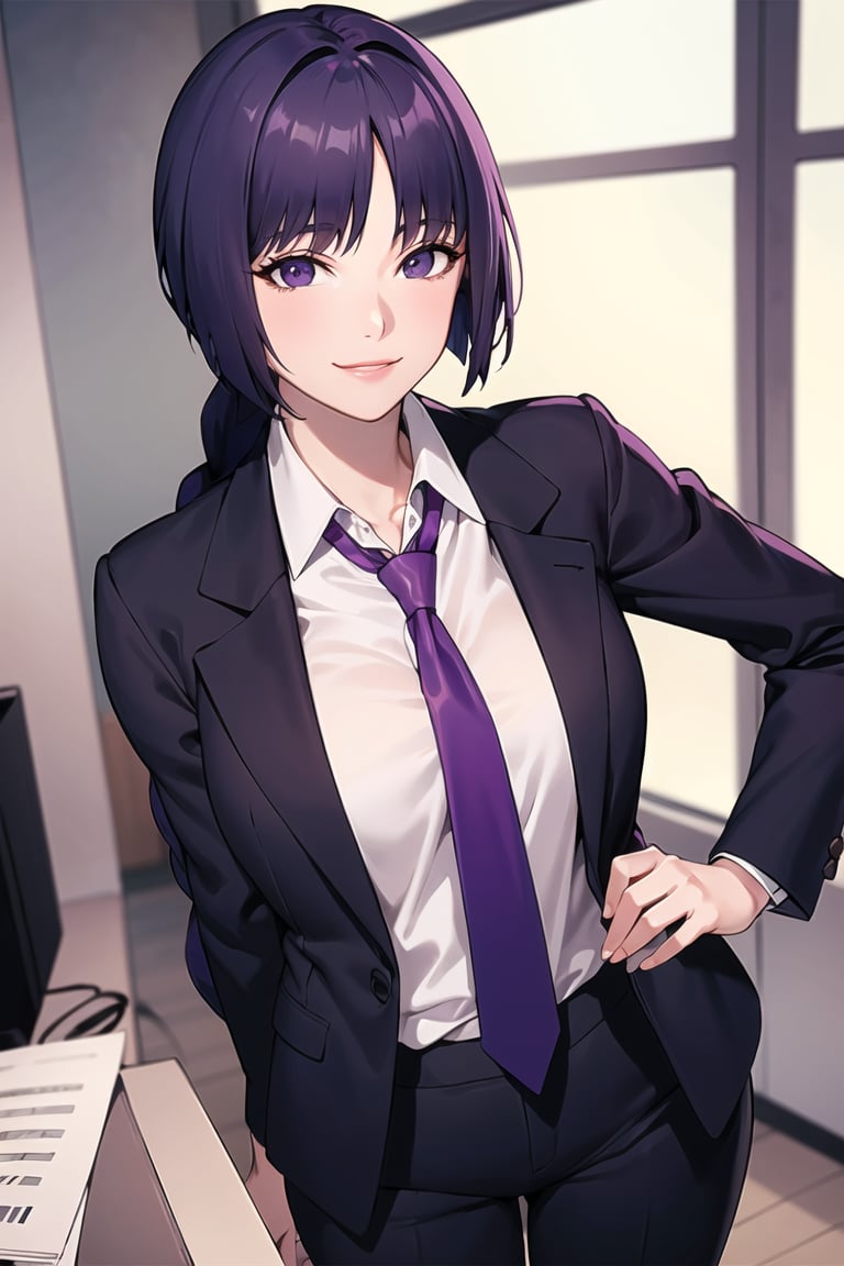 sumire kakei, purple hair,(single braid), lips, closed mouth, 1girl, solo, necktie, smile, (open jacket),black jacket,black suit, long sleeves, shirt tucked in,looking at viewer, shirt, black necktie, white shirt, medium breasts,window, formal, light smile, office lady,pants, black pants, (intricately detailed, hyperdetailed), blurry background,depth of field, best quality, masterpiece, intricate details, tonemapping, sharp focus, hyper detailed, trending on Artstation,1 girl, high res,facing viewer, official art