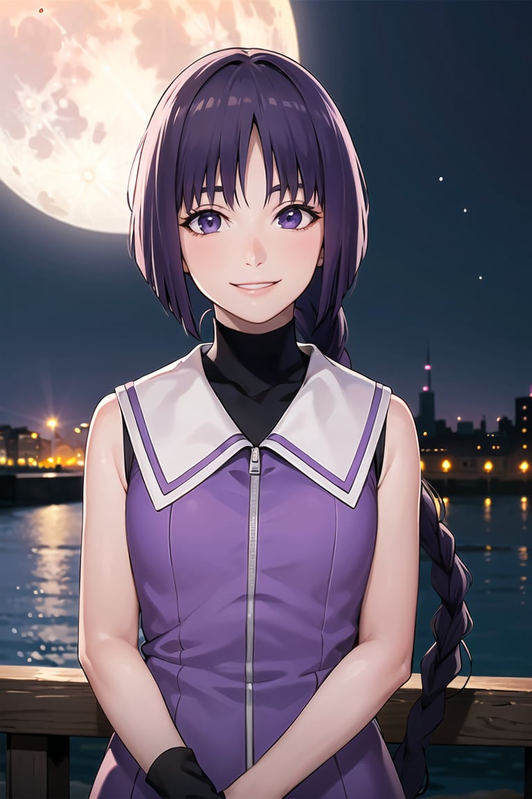 (best quality), (highly detailed), masterpiece, (official art),sumire kakei, smile, single braid, sleeveless jacket, wristband, black shirt, looking at viewer, city, night, sky, moon, standing,  upper body,  best quality, masterpiece, intricate details, tonemapping, sharp focus, hyper detailed, trending on Artstation,1 girl,