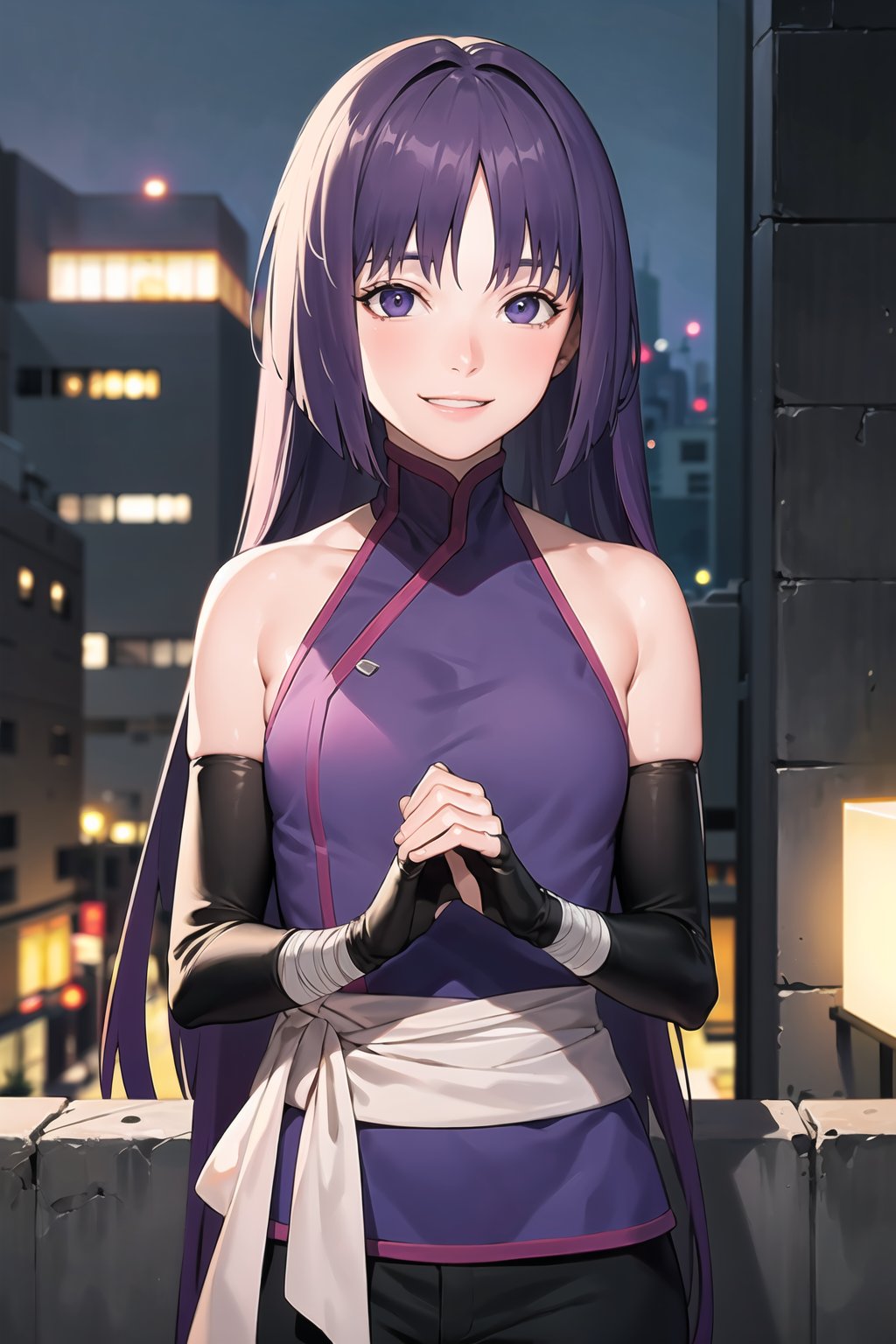 (best quality), (highly detailed), masterpiece, (official art),sumire kakei, smile, long hair, ninja, elbow gloves, bandages, black pants, upper body, looking at viewer, city, night, sky, (intricately detailed, hyperdetailed), blurry background,depth of field, best quality, masterpiece, intricate details, tonemapping, sharp focus, hyper detailed, trending on Artstation,1 girl, high res, official art