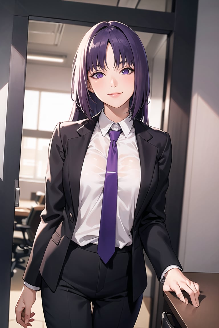 sumire kakei, purple hair,long hair, lips, closed mouth, 1girl, solo, necktie, smile, (open jacket),black jacket,black suit, long sleeves, shirt tucked in,looking at viewer, shirt, black necktie, white shirt, medium breasts,window, formal, light smile, office lady,pants, black pants, (intricately detailed, hyperdetailed), blurry background,depth of field, best quality, masterpiece, intricate details, tonemapping, sharp focus, hyper detailed, trending on Artstation,1 girl, high res,facing viewer, official art