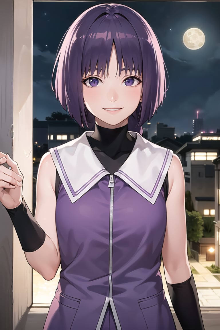 (best quality), (highly detailed), masterpiece, (official art),sumire kakei, smile, single braid, sleeveless jacket, wristband, black shirt, looking at viewer, city, night, sky, moon, standing,  upper body,  best quality, masterpiece, intricate details, tonemapping, sharp focus, hyper detailed, trending on Artstation,1 girl,