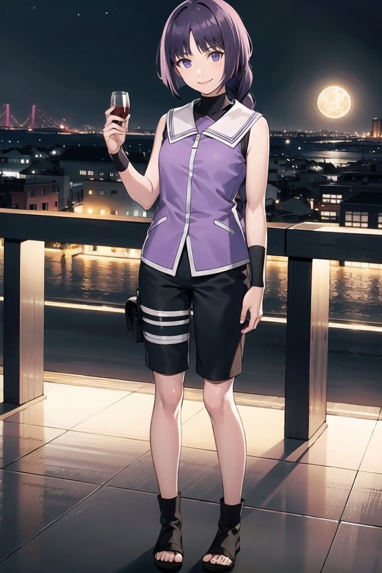 (best quality), (highly detailed), masterpiece, (official art),sumire kakei, smile, single braid, sleeveless jacket, wristband, black shirt, black shorts, toeless footwear,  looking at viewer, city, night, sky, moon, standing,  best quality, masterpiece, intricate details, tonemapping, sharp focus, hyper detailed, trending on Artstation,1 girl,