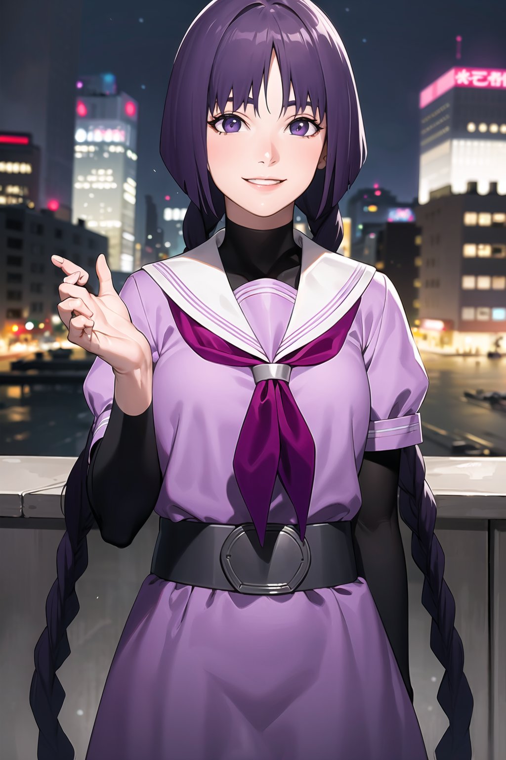 (best quality), (highly detailed), masterpiece, (official art),sumire kakei, smile, purple school uniform, twin braids, purple skirt, purple belt, black shirt,black sleeves,looking at viewer, city, night, sky, (upper body), (intricately detailed, hyperdetailed), blurry background,depth of field, best quality, masterpiece, intricate details, tonemapping, sharp focus, hyper detailed, trending on Artstation,1 girl, high res, official art