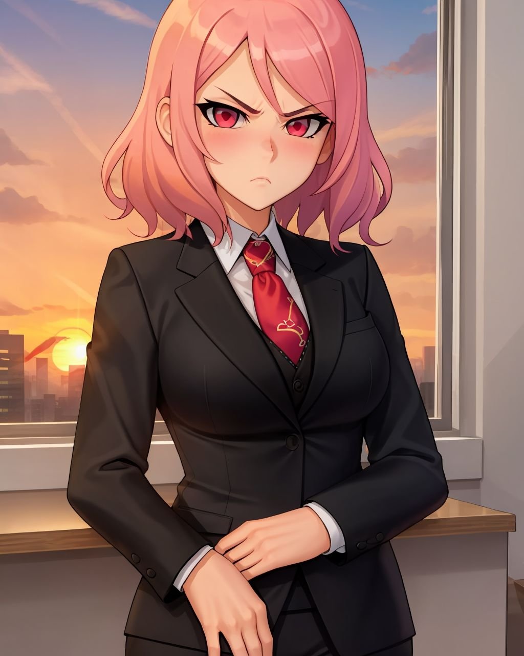 cowboy shot, pink hair, medium hair, red eyes, serious, breasts, black suit, formal suit, red necktie, office, window, sunset, <lora:Lood:0.8>