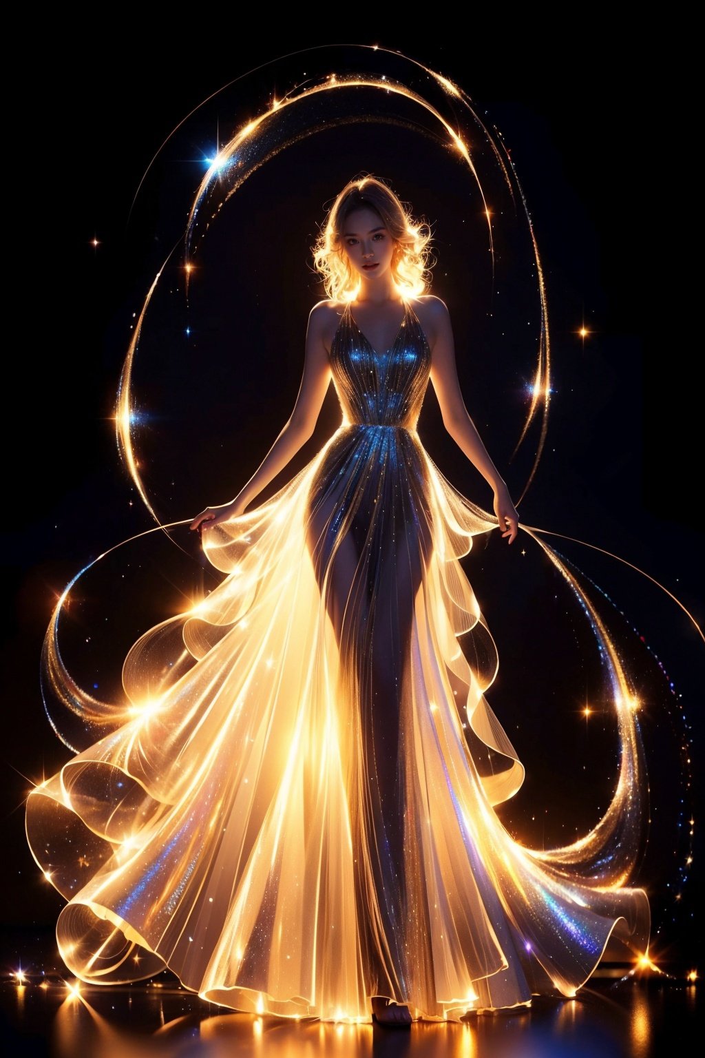 1girl,solo,dress,light particles,full body,sparkle,backlighting,standing,masterpiece,best quality,ultra high res,<lora:lightline-v2.0:0.7>,