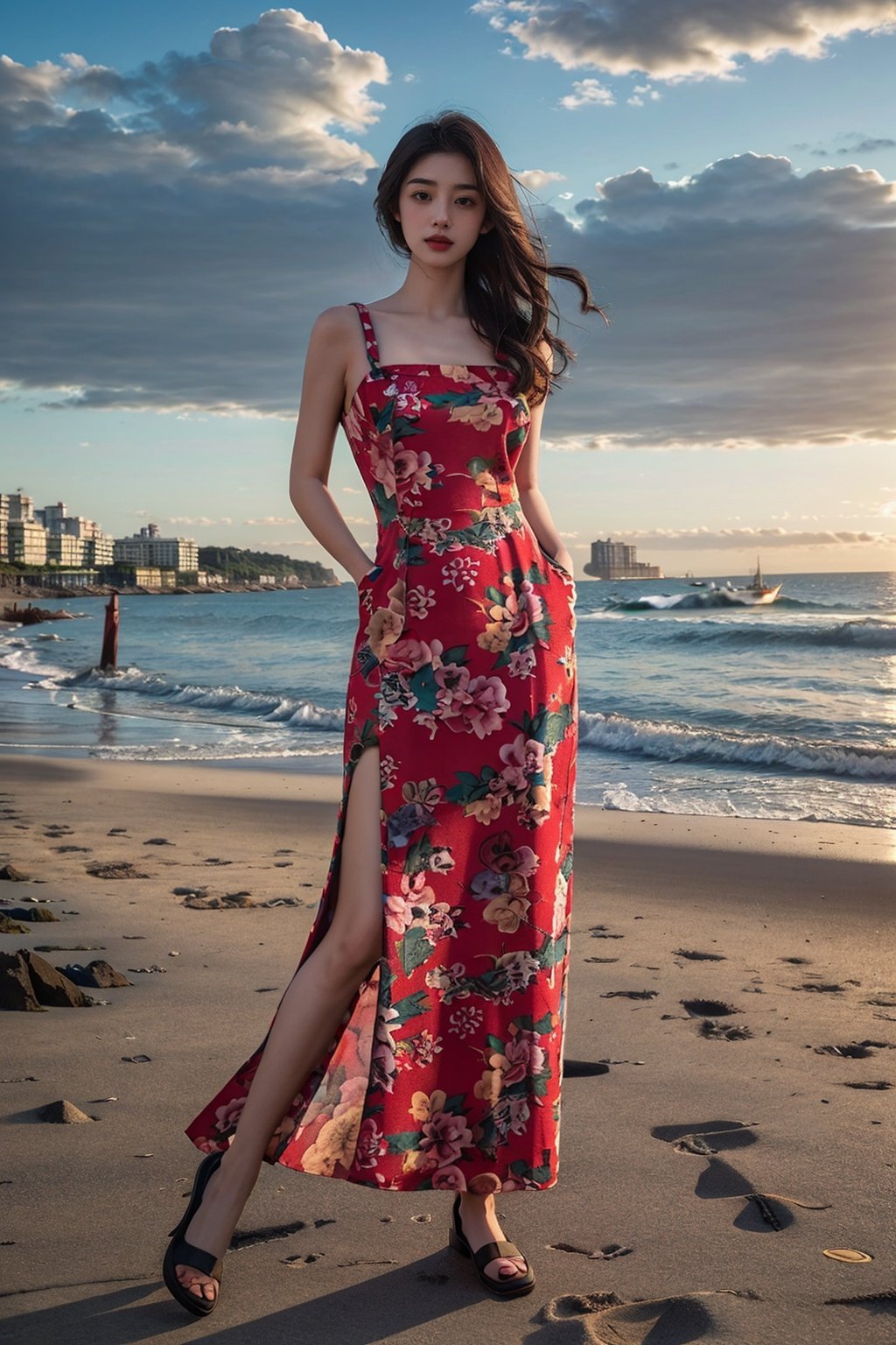  ((masterpiece)), ((best quality)), 8k, high detailed, ultra-detailed, (20-year-old girl), (dress), (strap dress), (on the beach), (solo), (seaside), (sunset), (golden hour), (ocean waves), (sand), (serenity).cuihua