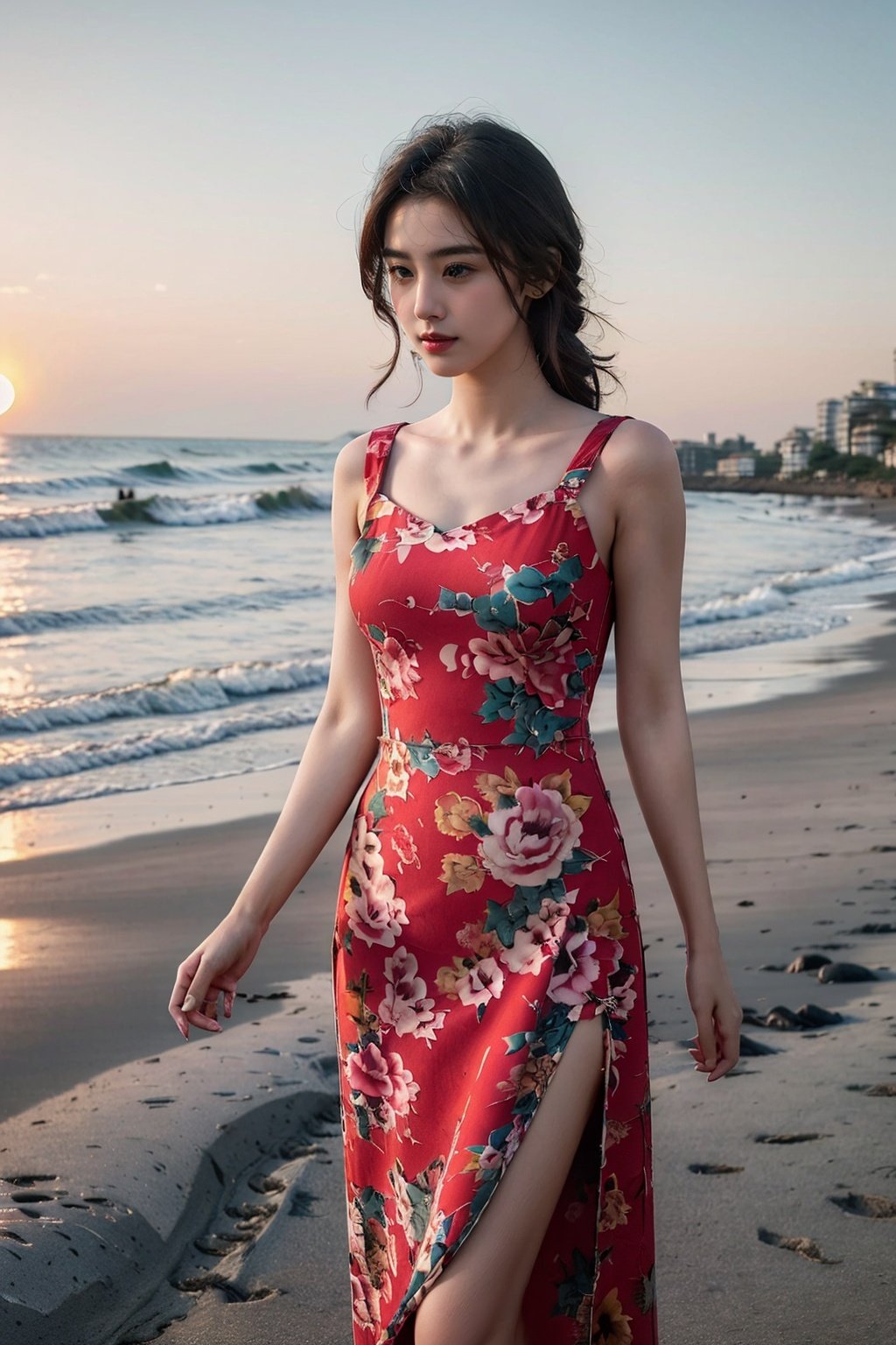  ((masterpiece)), ((best quality)), 8k, high detailed, ultra-detailed, (20-year-old girl), (dress), (strap dress), (on the beach), (solo), (seaside), (sunset), (golden hour), (ocean waves), (sand), (serenity).cuihua