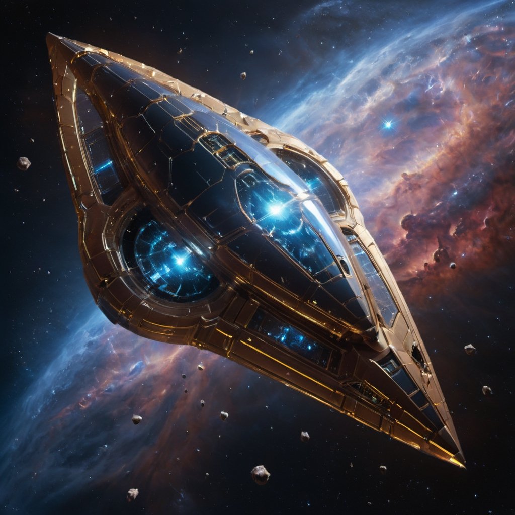 (mesmerizing depiction of a mid-sized alien vessel, with its crystalline hull and ornate architecture, evoking a sense of elegance and wonder in the vastness of space, hyperdetailed Space background nebula clouds), alined, 8k octane render, high detail, masterpiece, hyperdetailed, intricate details, 8K resolution, Cinema 4D, Behance HD, Unreal Engine 5, rendered in Blender, sci-fi, futuristic, trending on Artstation, epic, cinematic background, dramatic, atmospheric, science fiction, (masterpiece, best quality:1.2),Movie Still, Symmetrical: Having an equal or corresponding shape, size, or design on both sides