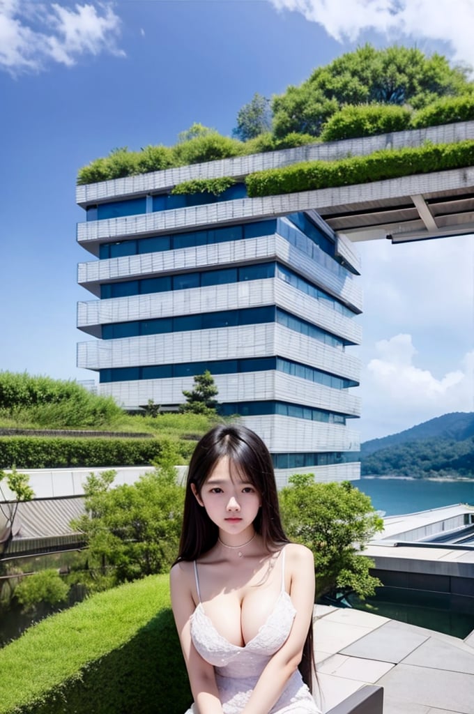 (((above knee))),  cloud sky,  trees,  horizontal decorative,  high-rise building,  architecture,  structure,  construct,  high-rise,  design,  ((masterpiece)),  ((best quality)),  classic hafu,  1girl,  ulzzang teenager,  ribbon,  longhair,  big tits,  cleavage,  black lace dress,  stocking,  Photo taken with Nikon D850 with SIGMA 35mm DG HSM Art,  F1.4,  ISO 200,  Shutter Speed 1/2000, horizontal decorative, classic hafu,<lora:EMS-227801-EMS:1.000000>,<lora:EMS-60977-EMS:0.300000>