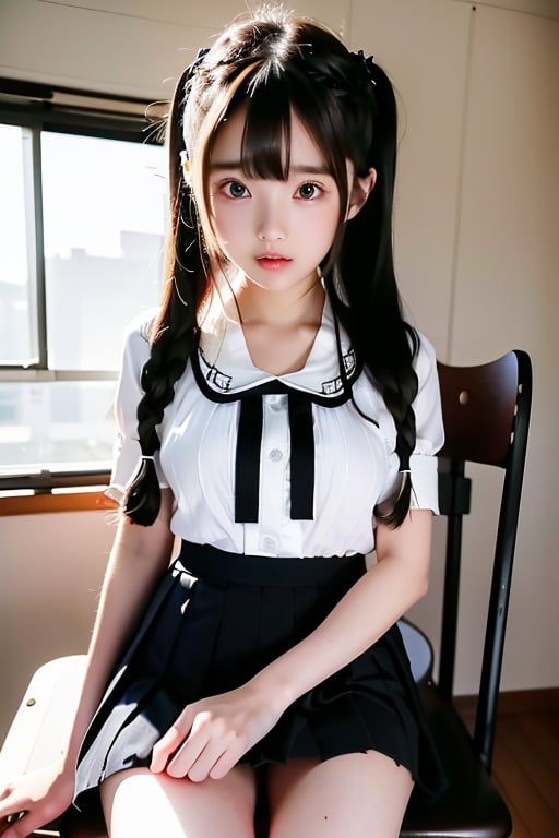 (((256k,  RAW,  realistic photo,  realistic light,  realistic shadow,  realistic background,  realistic portrait,  skin texture,  masterpiece,  best quality))),  (((sit on chair with head down looking down in classroom))),  (((sunset))),  [(16yo:1.6)|(loli face:1.8)],  (((teenager))),  (((pretty teeth))),  (((beautiful lips))),  (((shy face))),  (((pitiful eyes))),  ((gentle smile slightly)),  (((petite figure proportion))),  (((big breast))),  (((complex pattern white serafuku))),  (((black pleated skirt))),  (((hairclip brown absurdly longhair))),  classic hafu, classic hafu,<lora:EMS-60977-EMS:0.300000>