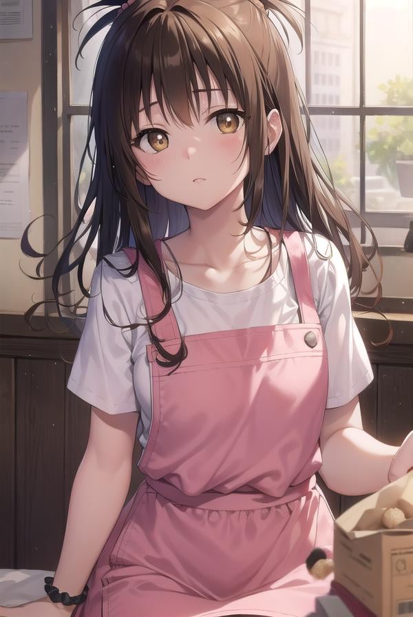 mikanyuuki, <lora:mikanyuukitest:1>,mikan yuuki, (brown eyes:1.7), brown hair, hair ornament, hair scrunchie, long hair, pink scrunchie, scrunchie, (flat chest:1.2),BREAK apron, blouse, collarbone, layered skirt, pink shirt, shirt, short sleeves, skirt, yellow apron,BREAK looking at viewer,BREAK indoors,BREAK <lora:GoodHands-vanilla:1>, (masterpiece:1.2), best quality, high resolution, unity 8k wallpaper, (illustration:0.8), (beautiful detailed eyes:1.6), extremely detailed face, perfect lighting, extremely detailed CG, (perfect hands, perfect anatomy),