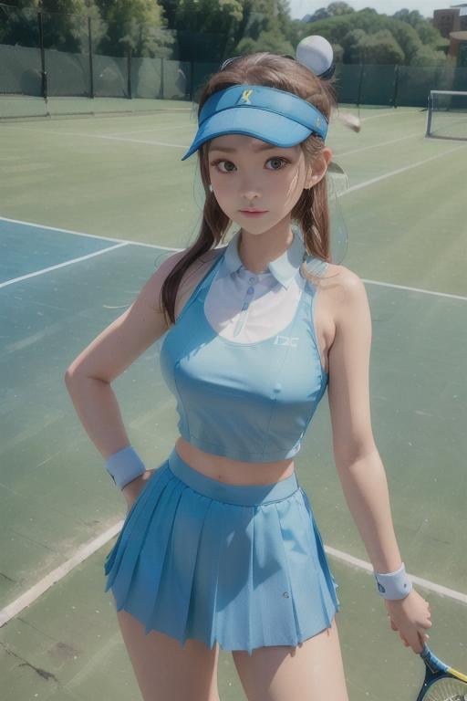 <lora:sung02:0.8>, photo of a woman, (wearing tennis_outfit, wearing tennis_hat, blue outfit:1.3), good hand,4k, high-res, masterpiece, best quality, head:1.3,((Hasselblad photography)), finely detailed skin, sharp focus, (cinematic lighting), night, soft lighting, dynamic angle, [:(detailed face:1.2):0.2], medium breasts,(((tennis field))), outside,  <lora:tennis_outfit:0.5>