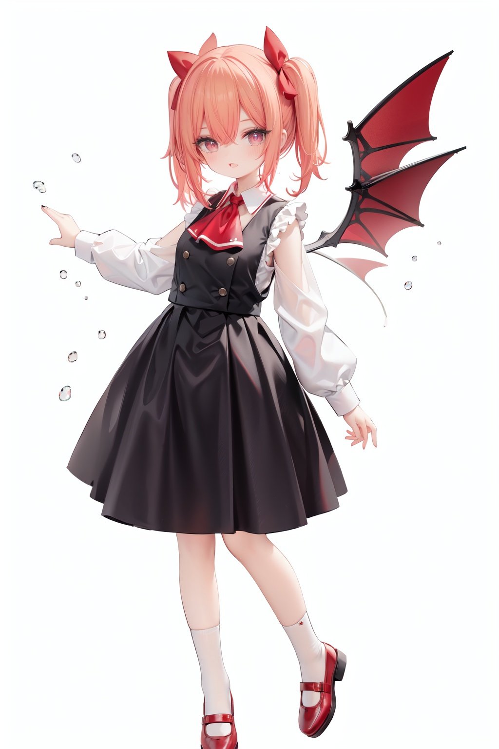  1girl, rumia, blonde hair, solo, white background, red eyes, red footwear, simple background, ascot, short hair, ribbon, open mouth, hair ribbon, smile, long sleeves, shirt, looking at viewer, red ascot, white socks, white shirt, red ribbon, shoes, socks, frills, bangs, outstretched arms, hair between eyes, skirt, :d, dress, vest, mary janes, black dress, black skirt, collared shirt, black vest, blush