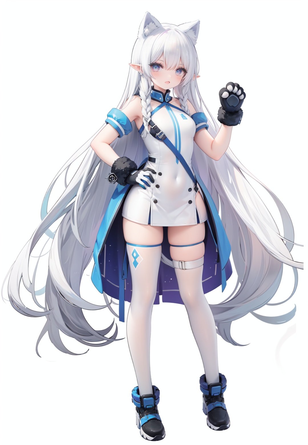  1girl, white_gloves, braid, full_body, gloves, long_hair, official_alternate_costume, pointy_ears, simple_background, solo, standing, very_long_hair, white_background, white hair, blue eyes, paw claw pose, open_mouth