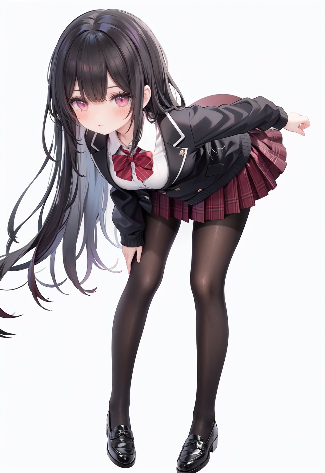  1girl, solo, pantyhose, skirt, long hair, loafers, shoes, simple background, school uniform, brown eyes, plaid, black pantyhose, plaid skirt, looking at viewer, black hair, pantyhose pull, full body, clothes pull, black footwear, pleated skirt, leaning forward, bangs, long sleeves, bent over, cardigan, bow, bowtie, standing, closed mouth, pulled by self, grey background, blush, miniskirt, red bow, sweater, undressing