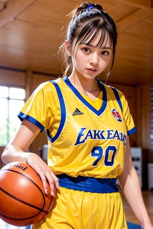 <lora:betterCuteAsian03:0.3>, a woman playing basketball, (wearing basket_uniform:1.3), yellow uniform,good hand,4k, high-res, masterpiece, best quality, head:1.3,((Hasselblad photography)), finely detailed skin, sharp focus, (cinematic lighting), night, soft lighting, dynamic angle, [:(detailed face:1.2):0.2],(((inside_basketball_field))),     <lora:basket_uniform-10:0.35>