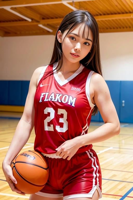 <lora:betterCuteAsian03:0.3>, a woman playing basketball, (wearing basket_uniform:1.3), red uniform,good hand,4k, high-res, masterpiece, best quality, head:1.3,((Hasselblad photography)), finely detailed skin, sharp focus, (cinematic lighting), night, soft lighting, dynamic angle, [:(detailed face:1.2):0.2],(((inside_basketball_field))),     <lora:basket_uniform-10:0.35>