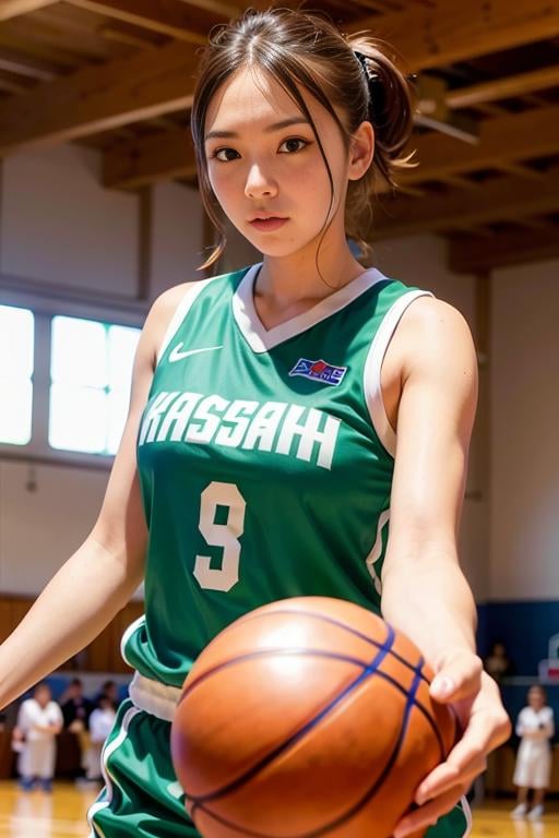 <lora:betterCuteAsian03:0.3>, a woman playing basketball, (wearing basket_uniform:1.3), green uniform,good hand,4k, high-res, masterpiece, best quality, head:1.3,((Hasselblad photography)), finely detailed skin, sharp focus, (cinematic lighting), night, soft lighting, dynamic angle, [:(detailed face:1.2):0.2],(((inside_basketball_field))),     <lora:basket_uniform-10:0.35>