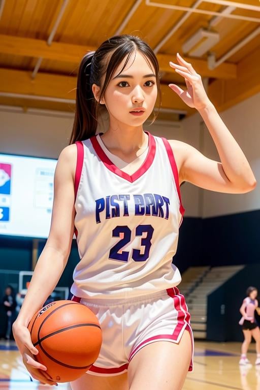 <lora:betterCuteAsian03:0.3>, a woman playing basketball, (wearing basket_uniform:1.3), pink uniform,good hand,4k, high-res, masterpiece, best quality, head:1.3,((Hasselblad photography)), finely detailed skin, sharp focus, (cinematic lighting), night, soft lighting, dynamic angle, [:(detailed face:1.2):0.2],(((inside_basketball_field))),     <lora:basket_uniform-10:0.35>