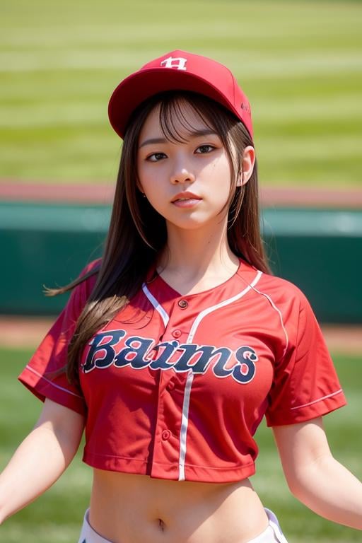 <lora:betterCuteAsian03:0.3>, a woman playing baseball, (wearing baseball_uniform:1.3), red uniform,good hand,4k, high-res, masterpiece, best quality, head:1.3,((Hasselblad photography)), finely detailed skin, sharp focus, (cinematic lighting), night, soft lighting, dynamic angle, [:(detailed face:1.2):0.2],(((inside_stadium))),    <lora:baseball_uniform:0.5>