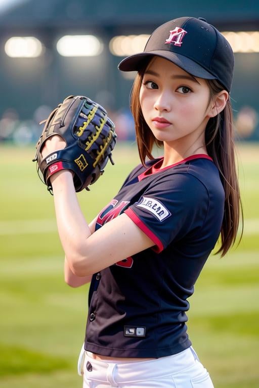 <lora:betterCuteAsian03:0.3>, a woman playing baseball is catching a ball, (holding baseball glove, wearing baseball_uniform:1.3), black uniform, good hand,4k, high-res, masterpiece, best quality, head:1.3,((Hasselblad photography)), finely detailed skin, sharp focus, (cinematic lighting), night, soft lighting, dynamic angle, [:(detailed face:1.2):0.2],(((inside_stadium))),    <lora:baseball_uniform:0.5>