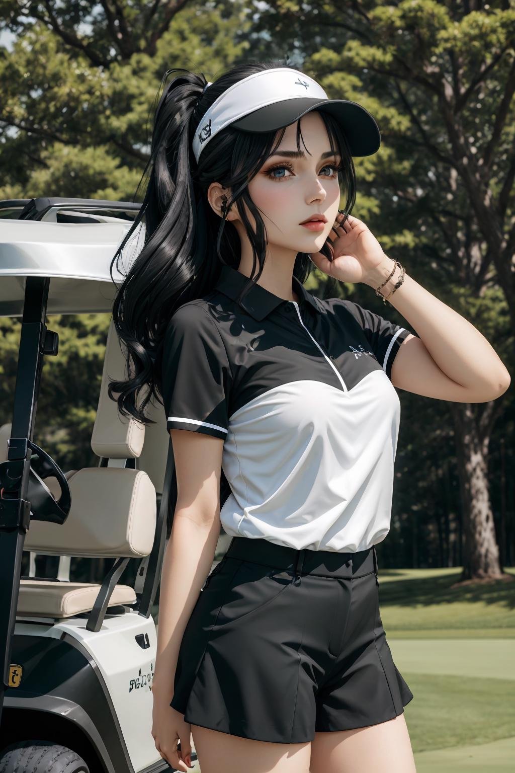 1girl, Jewlery, Lips Parted, <lora:rintohsakatest:1> rin tohsaka, aqua eyes, black hair, hair ribbon, long hair, ribbon, sidelocks, two side up, <lora:golf_outfit:0.5> wearing golf_outfit, wearing golf_cap, golf field, golf cart background, Masterpiece, Best Quality, 4K