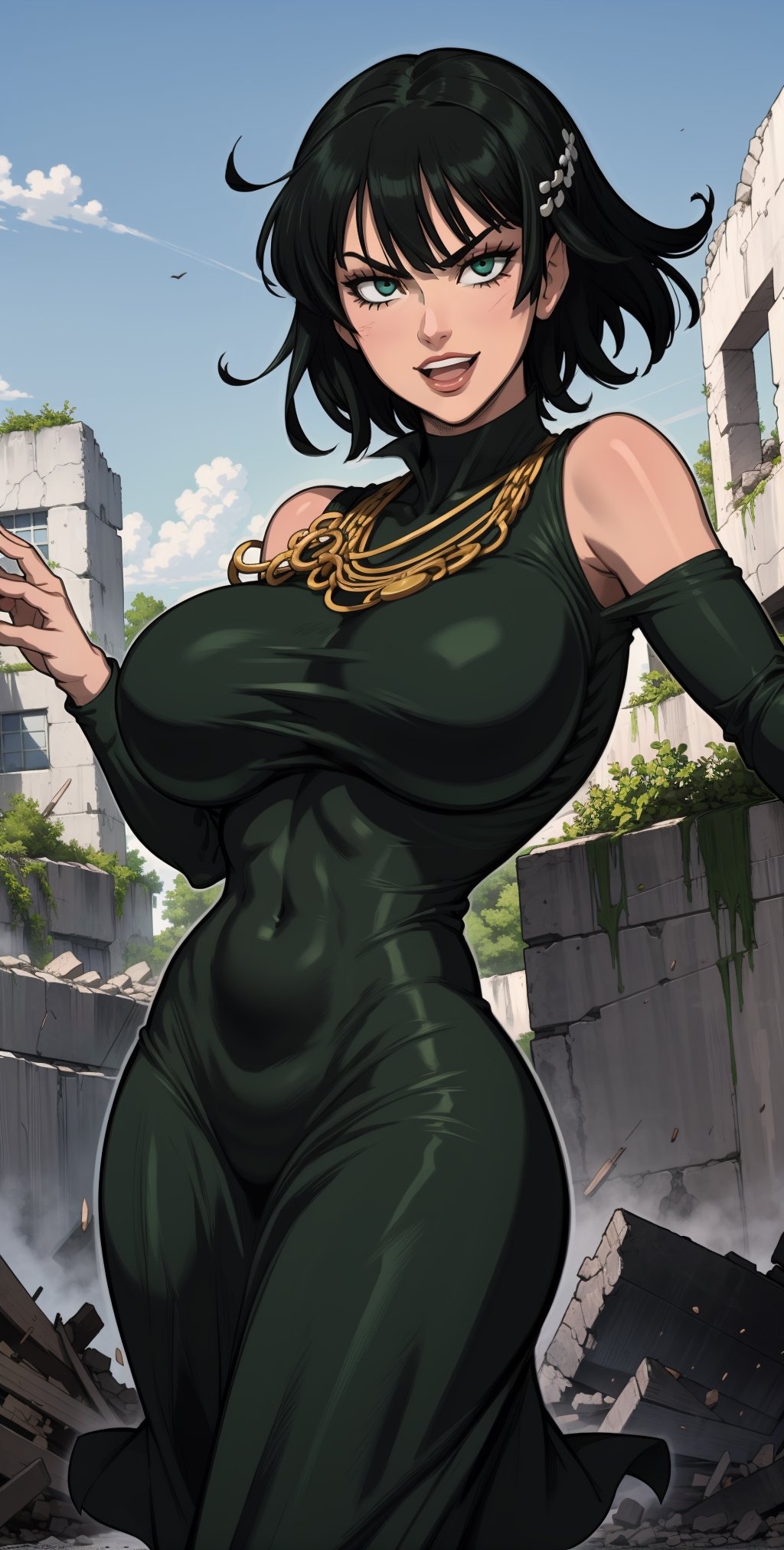 1girl, (solo:1.2), (masterpiece:1.2), (best quality:1.2), (perfect anatomy:1.4)
 taiger, (simple shading:1.5), (cell shading:1.2), (huge breasts:1.4), (urvy:1.5), overflowing breasts, (skindentation:1.4)
(cowboy shot:1.5), (dynamic pose:1.5), (looking at viewer:1.5), (expressive face:1.5), (all around happy:1.5), (using psychokinesis:1.4),  fubuki, black hair, green eyes, short hair, black dress, dress, high collar, jewelry, necklace, off shoulder, taut clothes, taut dress, (post fight scenery:1.3), rubble, outside, daylight,FubukiOPM