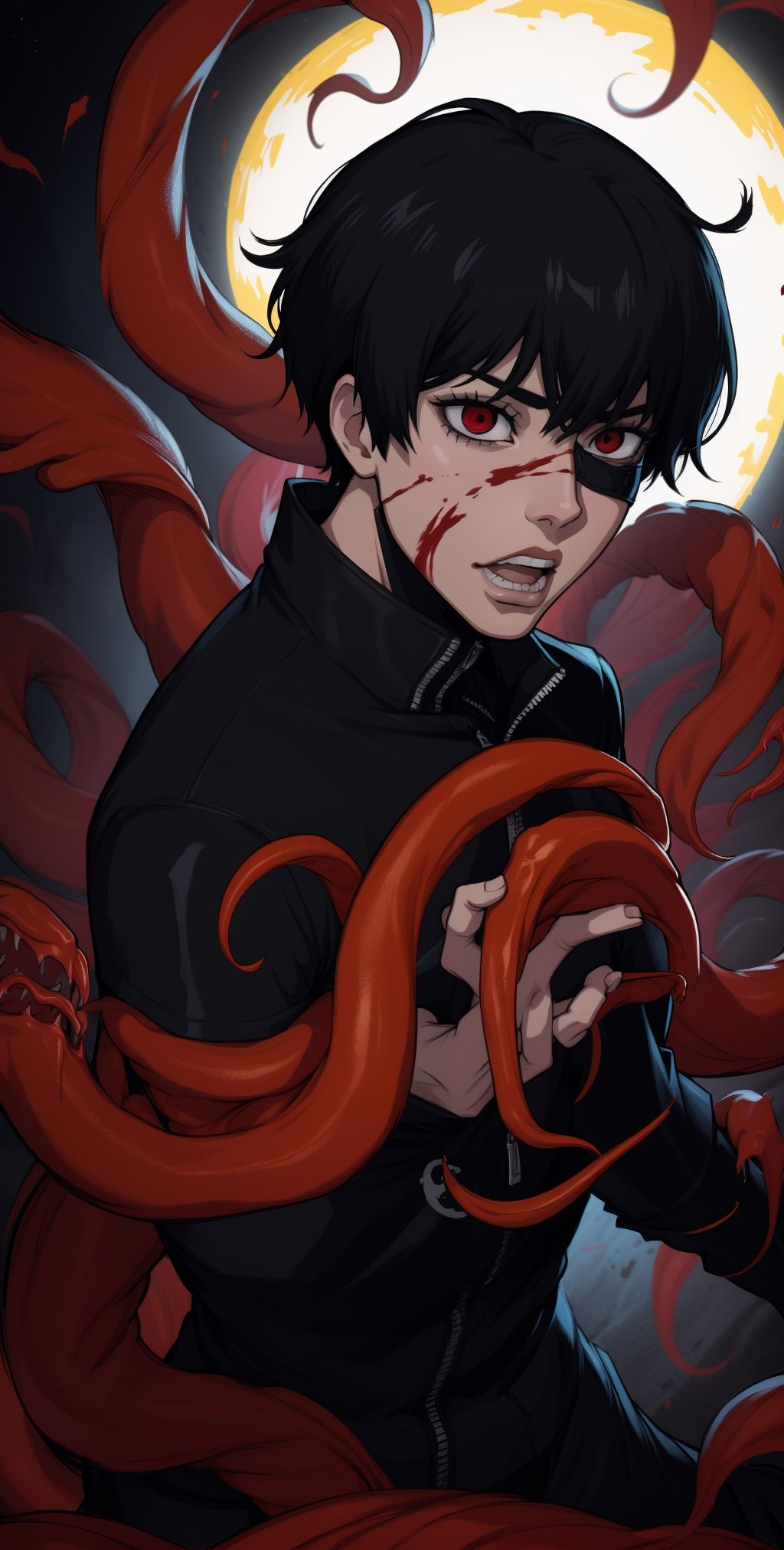 8k, anime, portrait, best quality, ultra high res, ultra detailed, black and high constrast color tone, extremely detailed lighting, cinematic lighting, soft lights, (masterpiece, high quality:1.4), (kaneki ken, black hair,, red and black eye, mask | teeth, blood eyes, black clothes, scorpio tentacles),)), (dynamic pose), black background, thrilling, (fierce face) ,kaneki ken,face focus