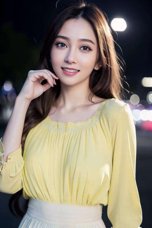 1girl,(wearing a light yellow blouse:1.2),(RAW photo, best quality), (realistic, photo-realistic:1.4), masterpiece, an extremely delicate and beautiful, extremely detailed, 2k wallpaper, Amazing, finely detail, extremely detailed CG unity 8k wallpaper, ultra-detailed, highres, soft light, beautiful detailed girl, extremely detailed eyes and face, beautiful detailed nose, beautiful detailed eyes,cinematic lighting,city lights at night,perfect anatomy,slender body,smiling  <lora:hsyanhsiaochi_lora:0.7>