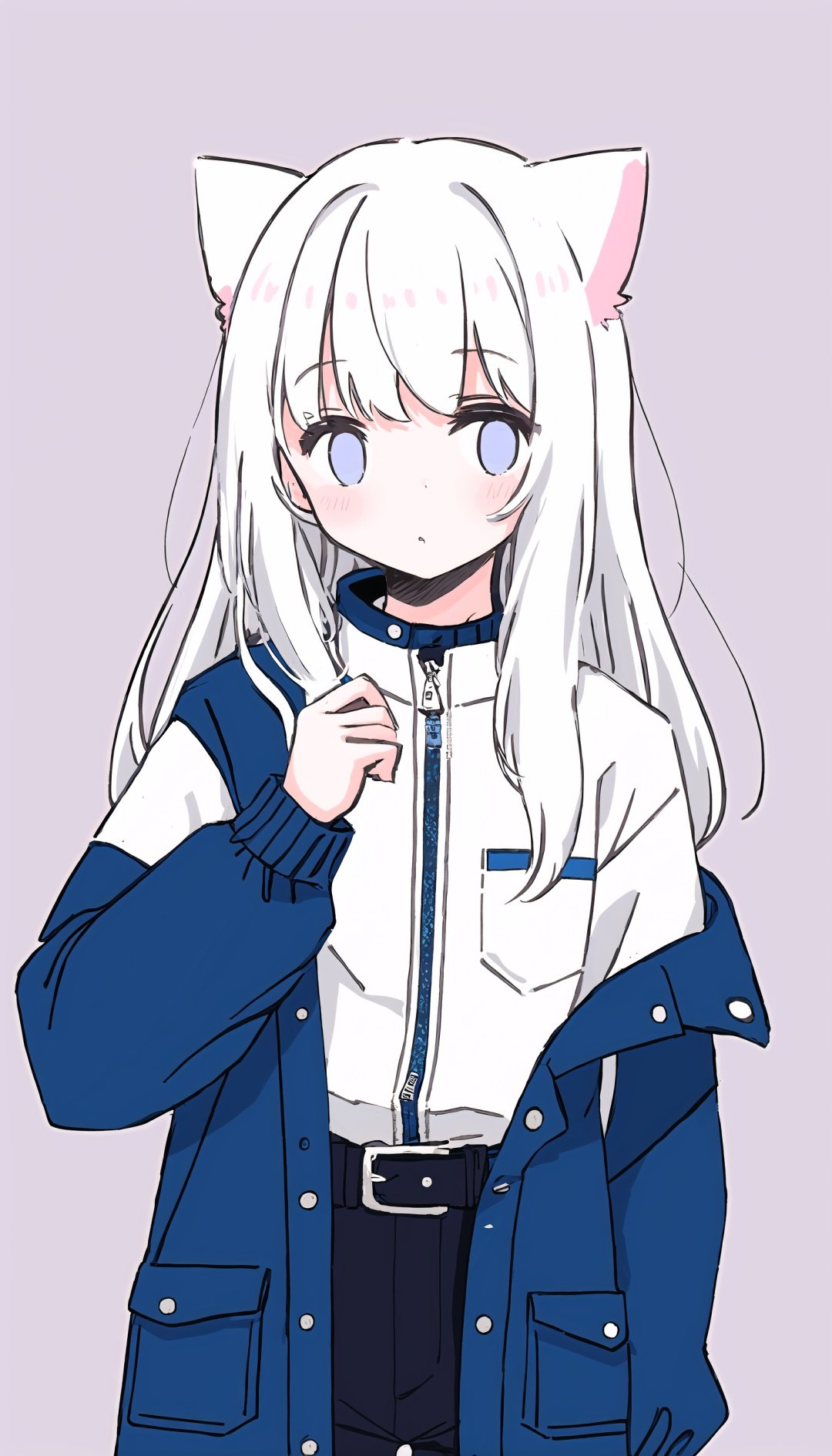 1girl, solo, white hair, belt, long sleeves, long hair, bangs,Shirt,long windbreaker, upper body, looking at viewer, cowboy shot,(cat_ears),