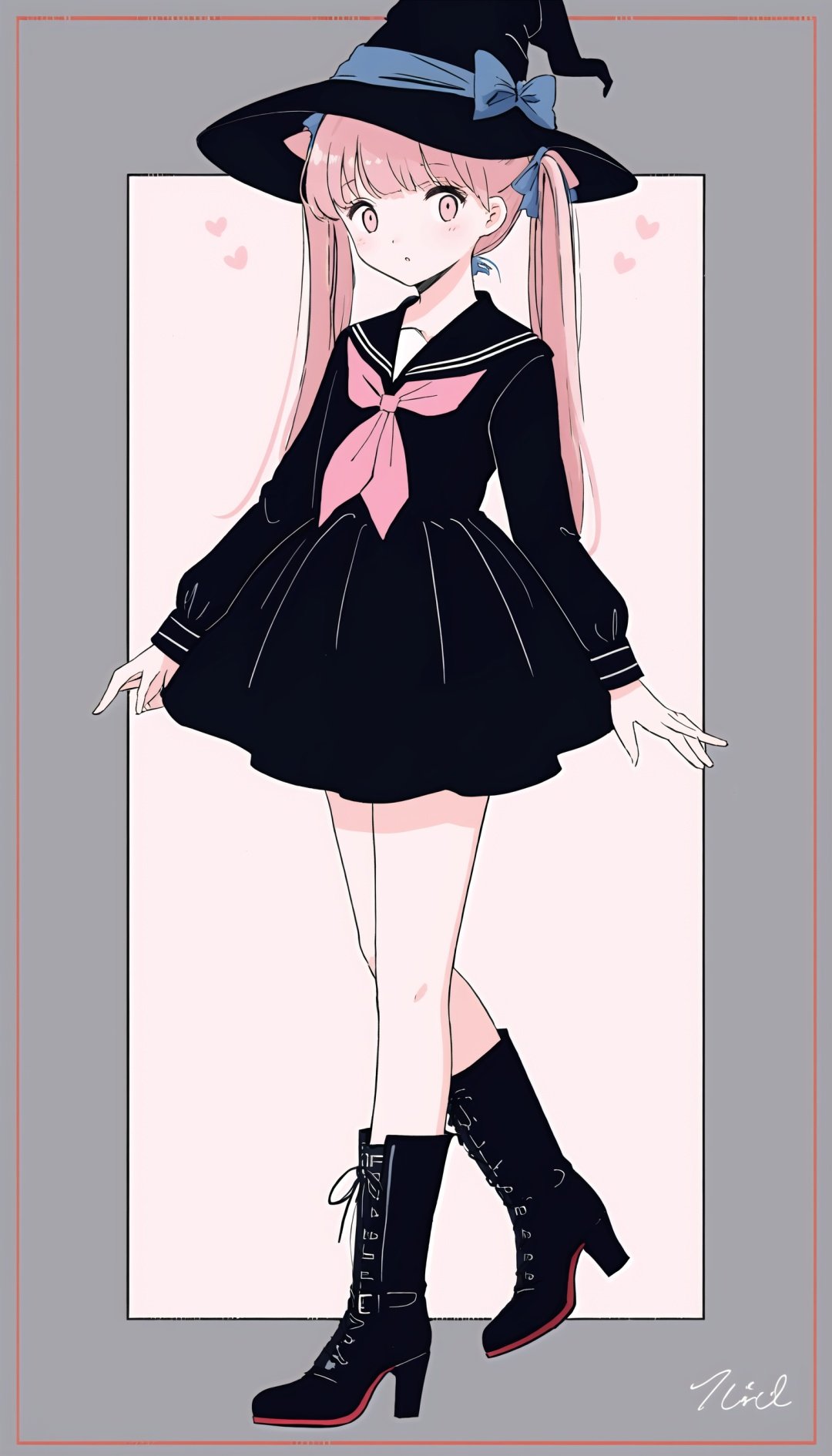 1girl, solo, boots, hat, witch hat, twintails, black headwear, black footwear, black dress, border, bangs, pink hair, dress, long hair, pink border, standing, signature, neckerchief, red neckerchief, full body, high heels