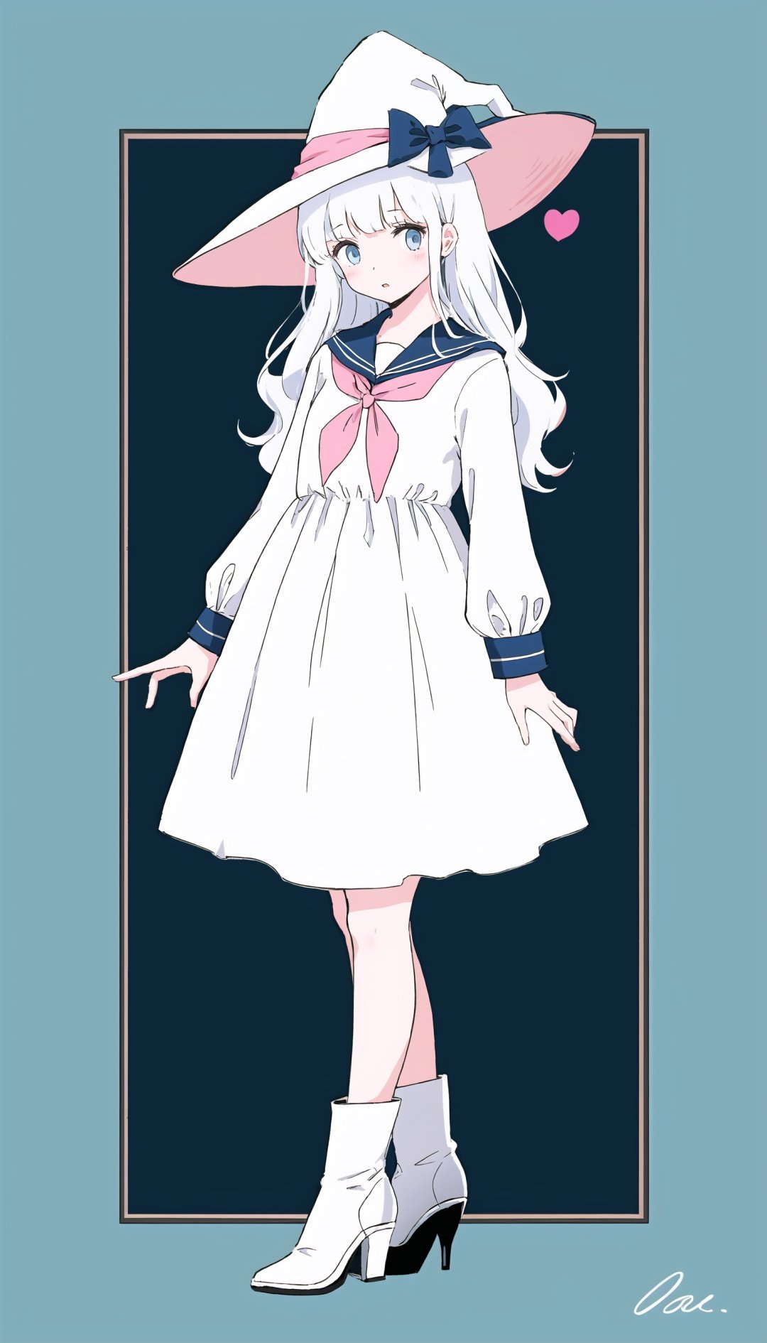 1girl, solo, boots, hat, witch hat, white headwear, white footwear, white dress, border, bangs, white hair, blue eyes,dress, long hair, pink border, standing, signature, neckerchief, full body, high heels