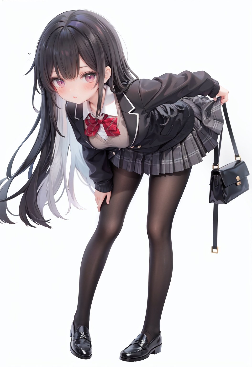  1girl, solo, pantyhose, skirt, long hair, loafers, shoes, simple background, school uniform, brown eyes, plaid, black pantyhose, plaid skirt, looking at viewer, black hair, pantyhose pull, full body, clothes pull, black footwear, pleated skirt, leaning forward, bangs, long sleeves, bent over, cardigan, bow, bowtie, standing, closed mouth, pulled by self, grey background, blush, miniskirt, red bow, sweater, undressing