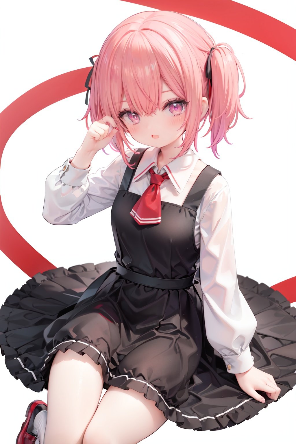  1girl, rumia, blonde hair, solo, white background, red eyes, red footwear, simple background, ascot, short hair, ribbon, open mouth, hair ribbon, smile, long sleeves, shirt, looking at viewer, red ascot, white socks, white shirt, red ribbon, shoes, socks, frills, bangs, outstretched arms, hair between eyes, skirt, :d, dress, vest, mary janes, black dress, black skirt, collared shirt, black vest, blush