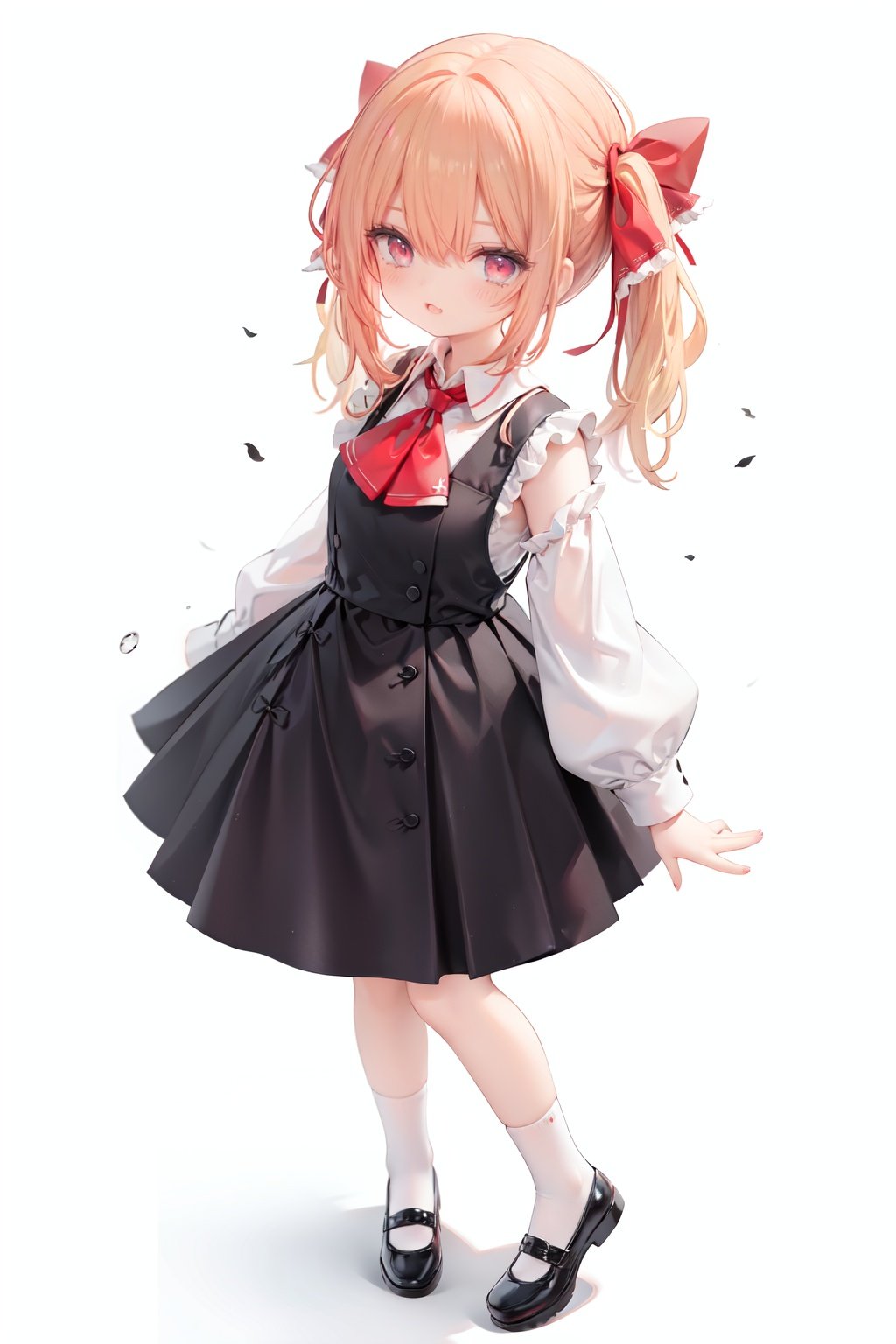  1girl, rumia, blonde hair, solo, white background, red eyes, red footwear, simple background, ascot, short hair, ribbon, open mouth, hair ribbon, smile, long sleeves, shirt, looking at viewer, red ascot, white socks, white shirt, red ribbon, shoes, socks, frills, bangs, outstretched arms, hair between eyes, skirt, :d, dress, vest, mary janes, black dress, black skirt, collared shirt, black vest, blush