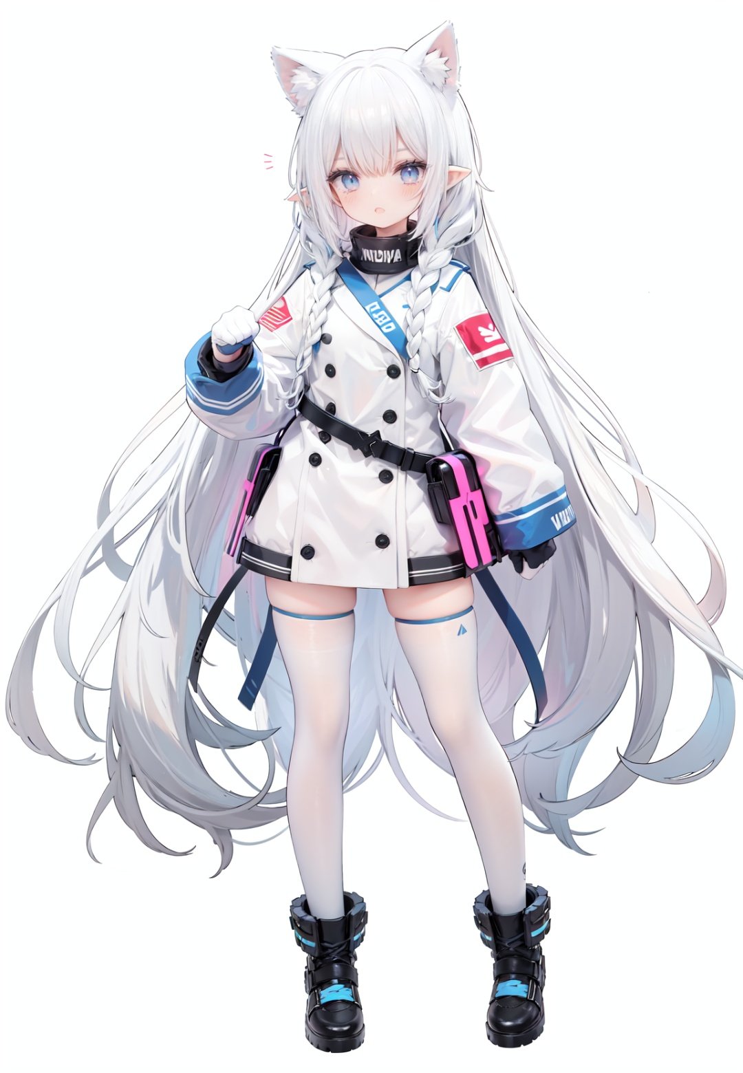  1girl, white_gloves, braid, full_body, gloves, long_hair, official_alternate_costume, pointy_ears, simple_background, solo, standing, very_long_hair, white_background, white hair, blue eyes, paw claw pose, open_mouth