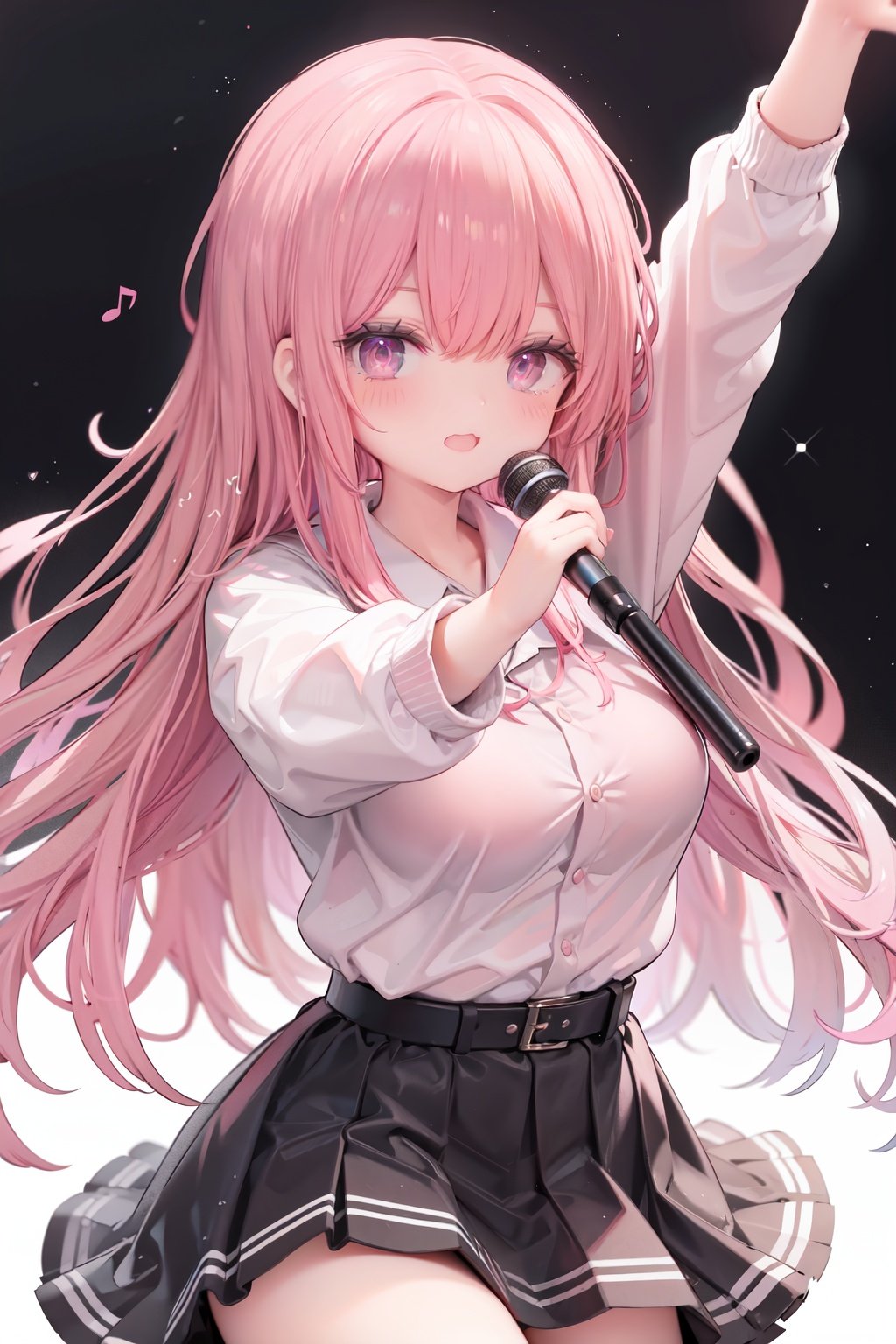  1girl, solo, microphone, smile, skirt, blush, brown eyes, long hair, open mouth, looking at viewer, brown hair, long sleeves, :d, shirt, bangs, belt, breasts, pink shirt, outstretched arm, music, black belt, medium breasts, holding microphone, singing