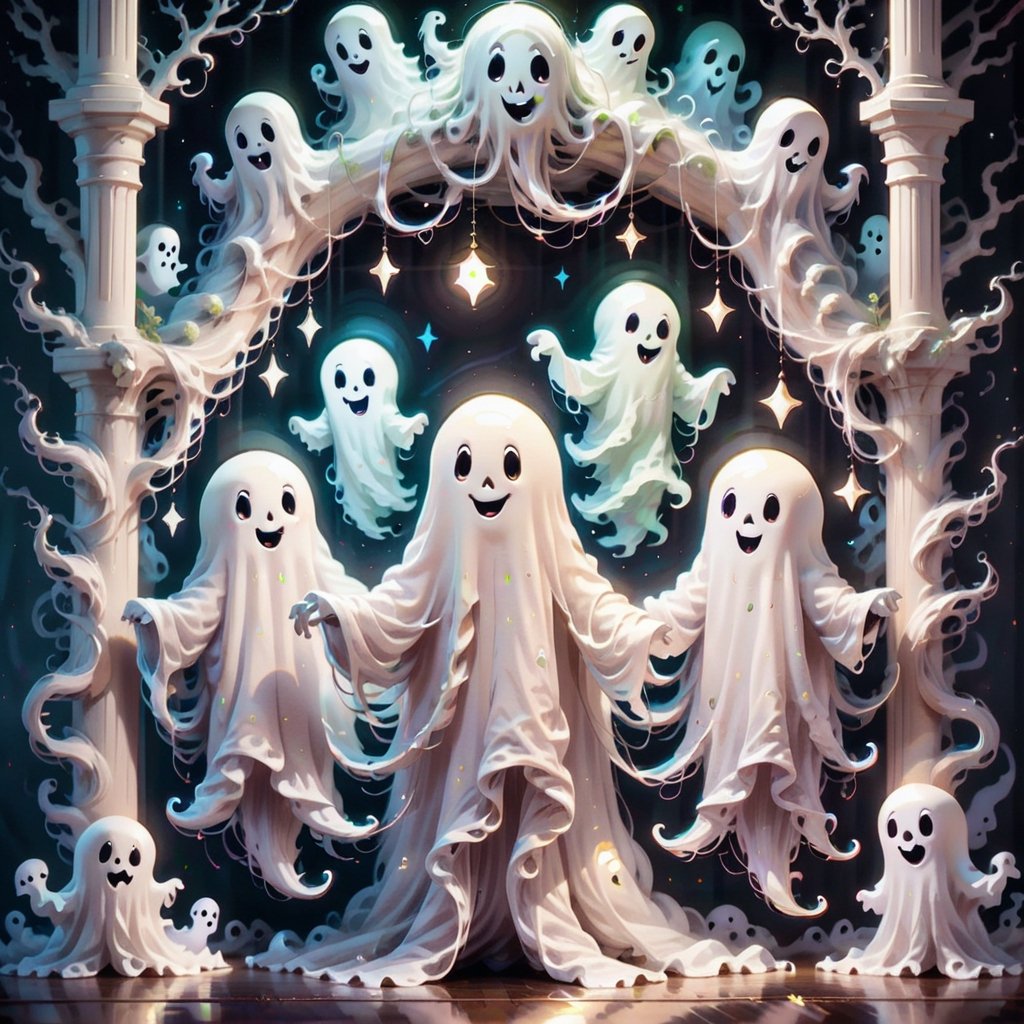 (Paint detailed cute ghosts in an ethereal and luminous 2D style, with a spectral glow and wispy tendrils, hovering in a moonlit room) white only