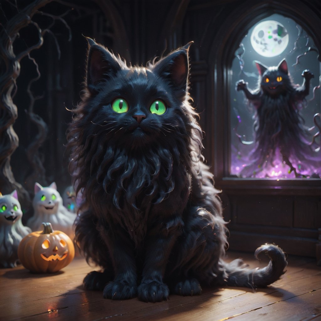 (Craft a lovable, mirthful witch's familiar in the form of a cute, miniature black cat with bright, magical eyes and a mischievous aura. This Halloween monster should charm with its supernatural companionship), 8k octane render, high detail, masterpiece, hyperdetailed, intricate details, 8K resolution, Cinema 4D, Behance HD, Unreal Engine 5, rendered in Blender, trending on Artstation, epic, cinematic background, dramatic, atmospheric, (masterpiece, best quality:1.2),greg rutkowski,6000,Landskaper,Furry,fluffy,Monster