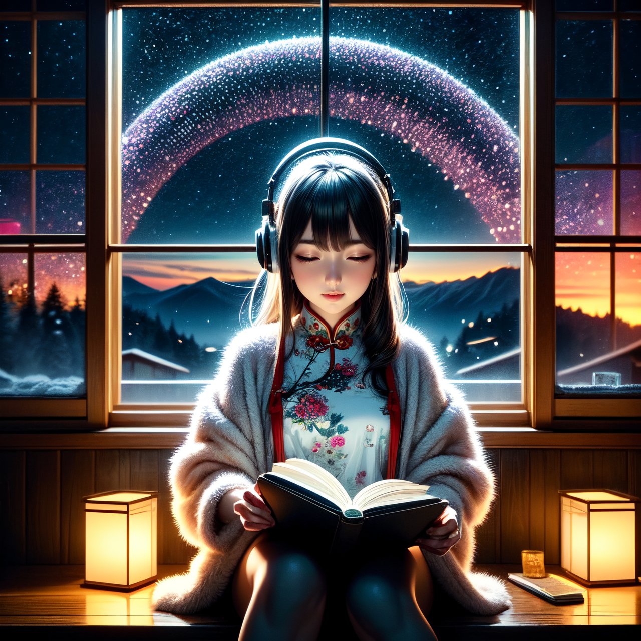 A cute LOFI music themed anime-style girl wearing a winter cheongsam, leisurely reading a book by a window. She is wearing headphones and listening to music. The window offers a view of a vast night sky filled with stars, fireworks, and a majestic Chinese dragon flying in the sky. The image features a warm color palette, creating a cozy and inviting atmosphere. This scene combines traditional Chinese elements with a whimsical touch, capturing the essence of a serene winter night. perfectly suited for a LOFI music background.