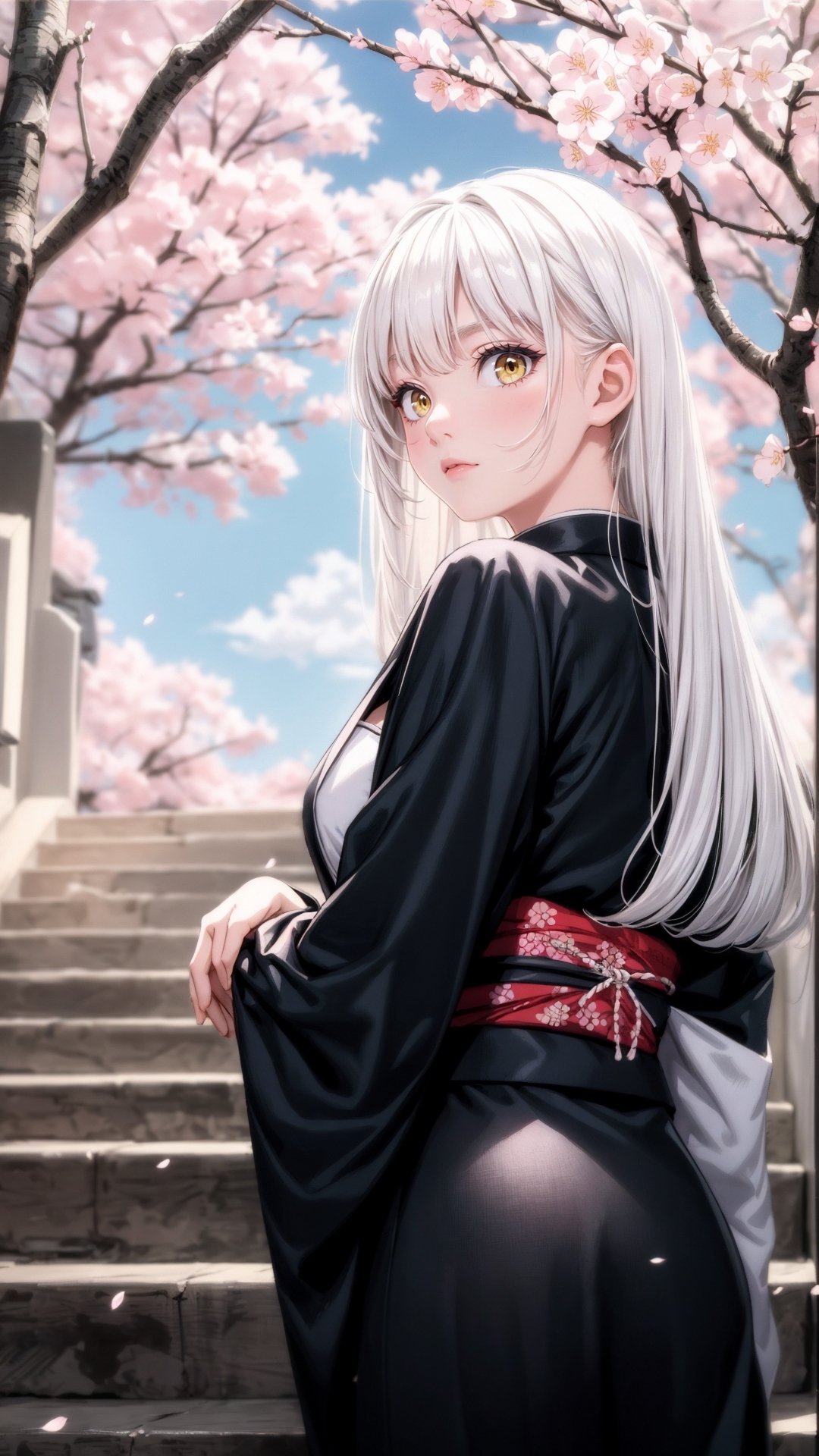 masterpiece, best quality, 1girl, yellow eyes, long hair, white hair, tree, stairs, standing, kimono, sky, cherry blossoms, temple, looking at viewer, upper body, from below, looking back,Cyberpunk