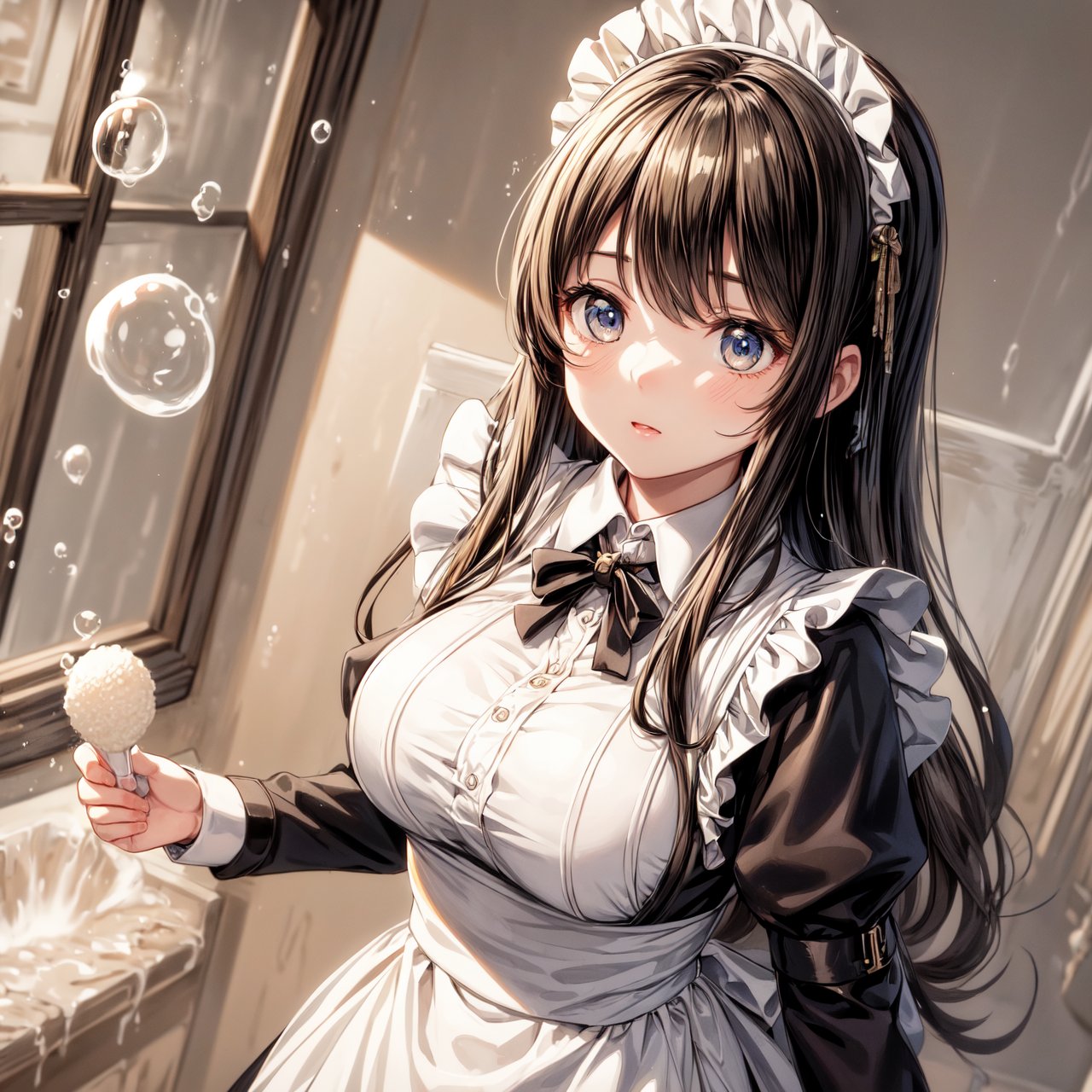 masterpiece,best quality,ultra detailed,4K,super fine illustration,highly detailed beautiful face and eyes,(Fluffy:1.2),fuwafuwa,professional lighting,1girl,loli,gigantic breasts,glamor,(traditional maid collared shirt:1.3),long skirt,long hair,(cleaning with a sponge:1.2),dynamic pose,(bubbles:1.3),(covered in bubbles:1.4),floating bubbles,in bath room,indoors,dynamic angle,