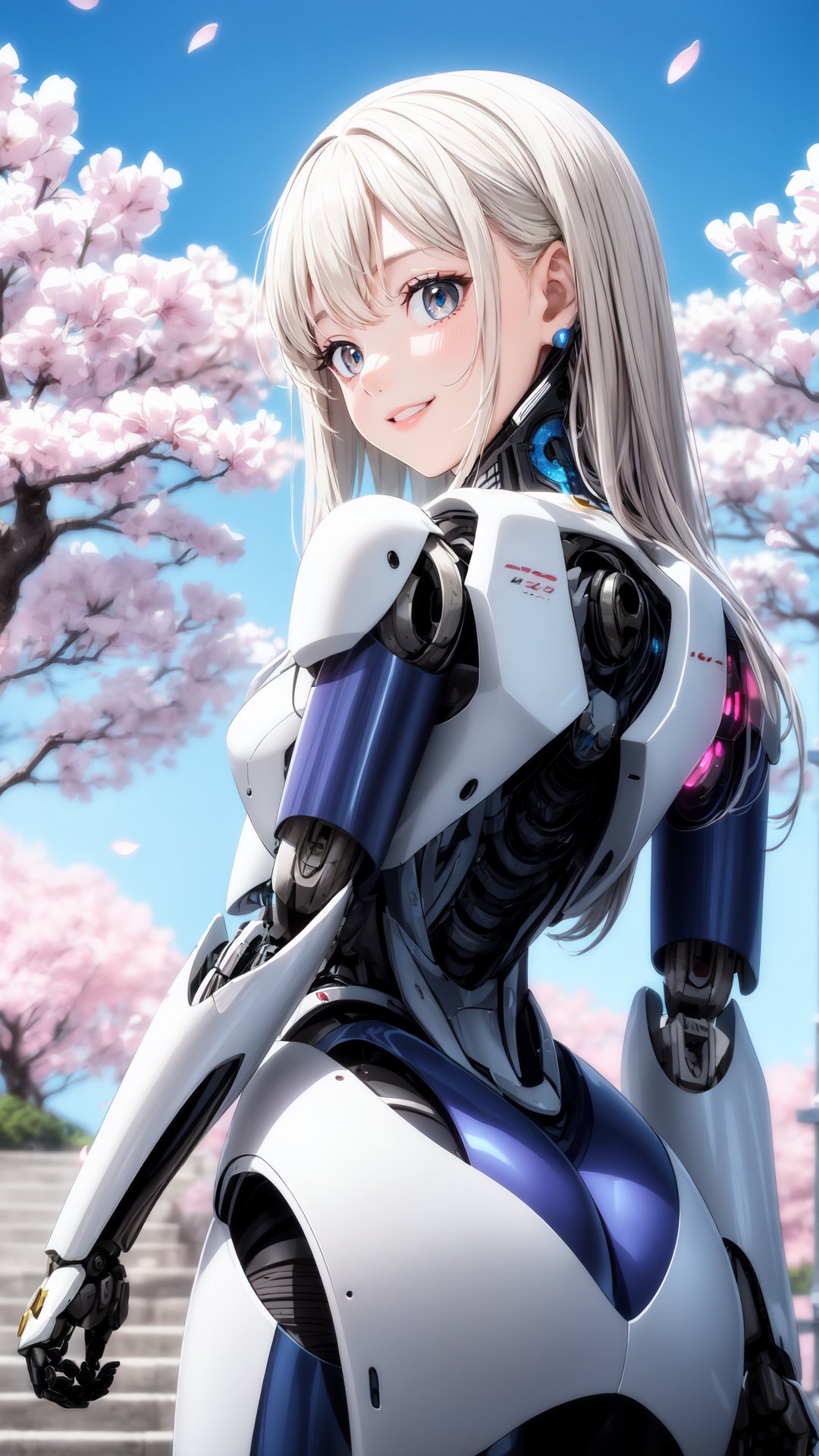 masterpiece, best quality, 1girl, yellow eyes, Beautiful face, delicate eyes, smile, long hair, white hair, tree, stairs, standing, sky, cherry blossoms, temple, looking at viewer, upper body, from below, looking back, ((Mecha)), young girl, Cyberpunk, CyberMechaGirl,CyberMechaGirl